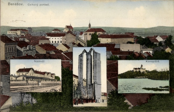 Postcard Benešov Beneschau Central Bohemia, general view, train station