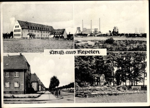 Postcard Repelen Rheinkamp Moers am Niederrhein, view of the town, colliery, monument