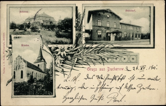 Postcard Ducherow in Western Pomerania, castle, train station, church
