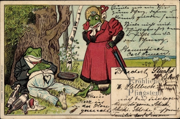 Chromo-Litho congratulations Pentecost, humanized frogs, sleeping frog