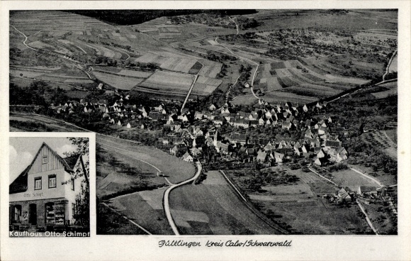 Postcard Gültlingen Wildberg in the Black Forest, aerial photograph, Otto Schimpf department store