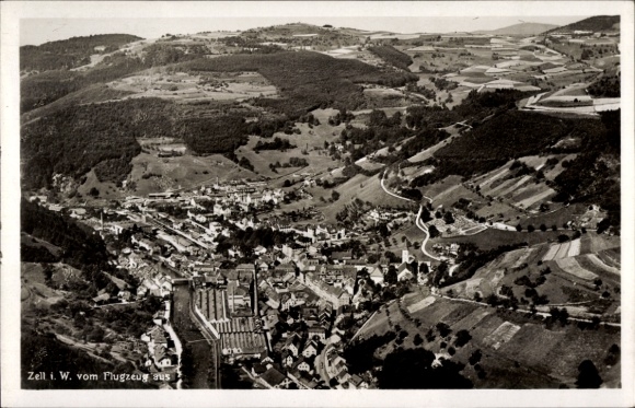 Postcard Zell im Wiesental, aerial view of mountains, meadows, residential areas