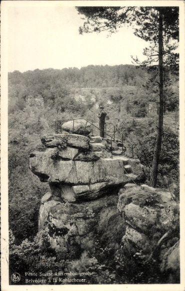 Postcard Echternach Luxembourg, rock with viewpoint, nature, person on the rock, trees