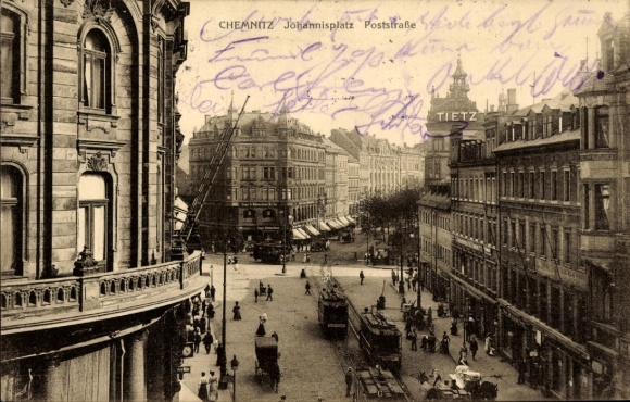 Ak Chemnitz in Sachsen, Johannisplatz, Poststraße, Tietz,  Stadtansicht, Straßenbahnen