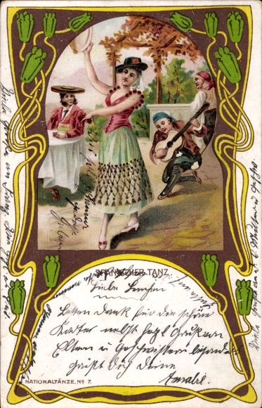 Passepartout Litho Spanischer Tanz, Spanische Tracht, Gitarrenspieler