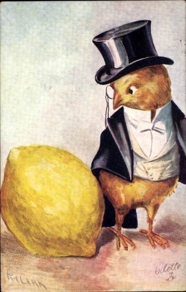 Artist Postcard Humanized Chick with Tailcoat, Top Hat and Monocle, Lemon