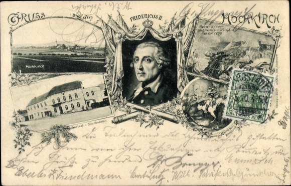 Ak Hochkirch in Sachsen, Panorama, Gasthof, Friedrich II., Schlachtszene