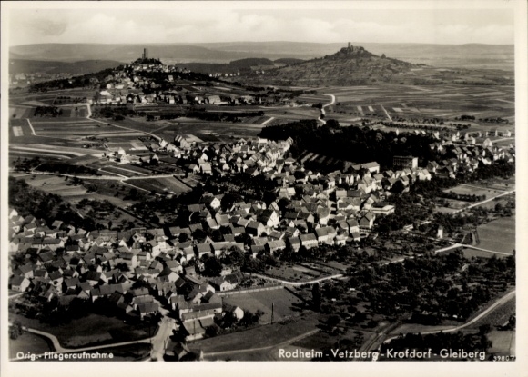 Postcard Rodheim Bieber Biebertal in Hesse, aerial photography, Velzberg, Krofdorf, Gleiberg