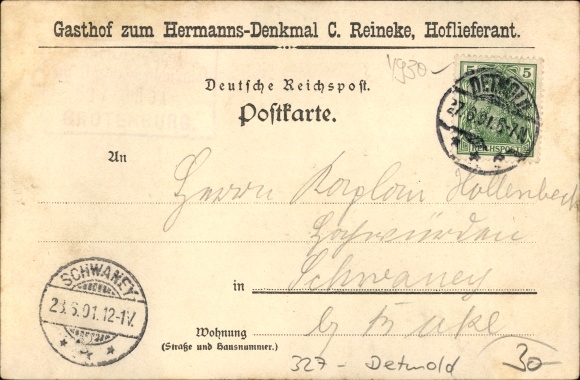 Litho Detmold in Noordrijn-Westfalen, Groeten uit Grotenburg, Hermann Monument, C. Reineke&#39;s Gasthof