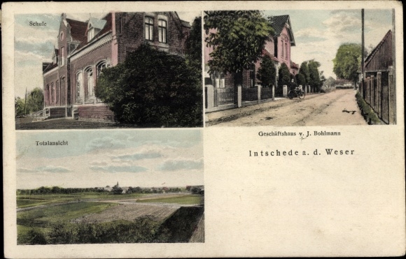 Postcard Intschede Blender, Bohlmann commercial building, school, total view