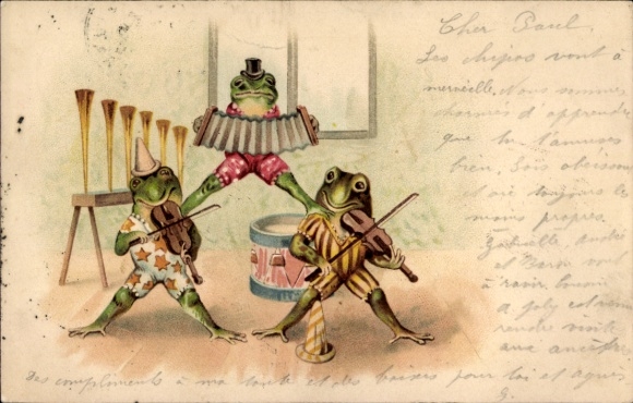 Chromo-Litho Musical Frogs, Musical Instruments, Violin, Harmonica