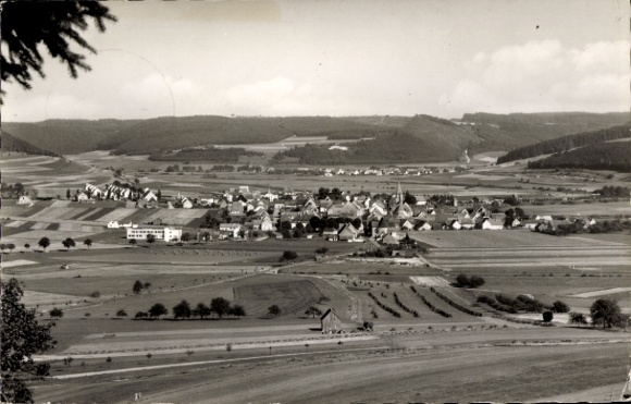 Ak Geisingen in Baden, Landschaft mit Dorfansicht, Felder, Berge im Hintergrund