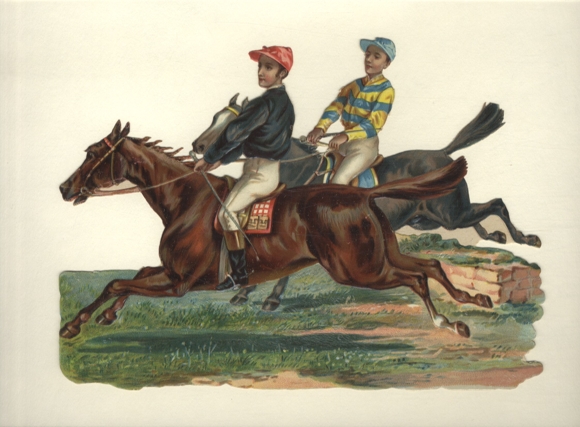 Oblate Jockeys auf ihren Pferden, Größe ca. 17,5 x 24 cm