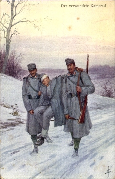 Künstler Ak Verwundeter Kamerad, Soldaten, Winter