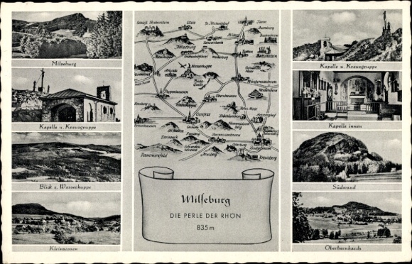 Postcard Danzwiesen Hofbieber Hesse, Milseburg, chapel, Kleinsassen, Wasserkuppe, Kreuzgruppe