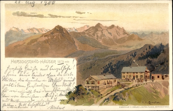 Kunstenaar litho Compton, Edward Harrison, Kochel am See, Herzogstand Huizen