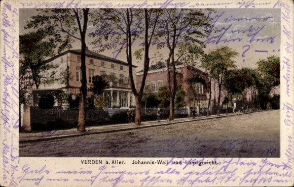 Postcard Verden an der Aller, front view of a house, linden trees, street, apartment building,
