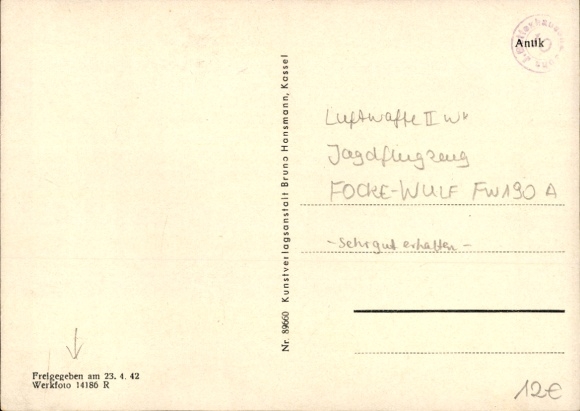Postcard German Air Force, fighter plane Focke Wulf Fw 190 A, company photo