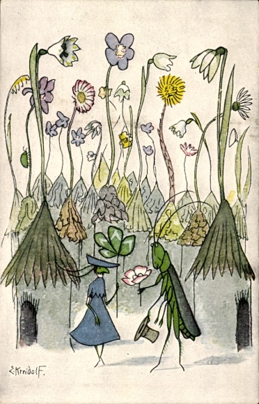 Artist Postcard Kreidolf, Ernst, grasshopper couple, congratulator, art steward picture card no. 205