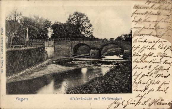 Postcard Pegau in Saxony, Elster Bridge, Milestone