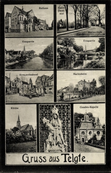 Ak Telgte in Westfalen, stadhuis, Galer-monument, oorlogsmonument, Marienheim, kerk, genadekapel