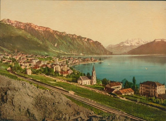 Photo Montreux Kt. Vaud Switzerland, town view, railway tracks