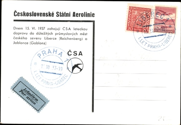 Maps Postcard Ceskoslovenske Statni Aerolinie, flight connection Liberec, Jablonec, Praha, 1937