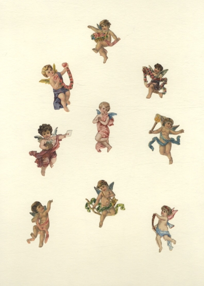 9 wafer angels with roses and colorful ribbons, each approx. 5.5 x 4 cm