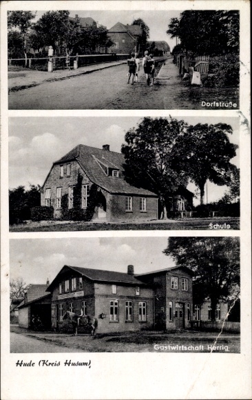 Ak Hude in Oldenburg, dorpsstraat, school, restaurant Herrig