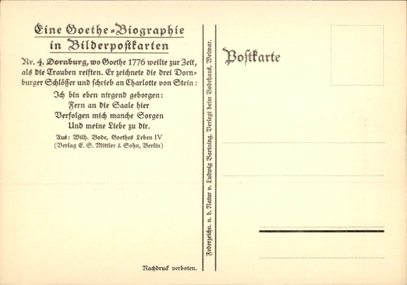Artist Postcard Dornburg an der Saale Thuringia, Goethe biography, poem, No. 4