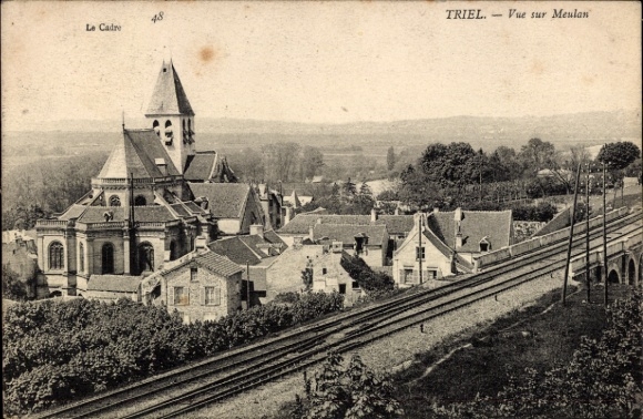 Ak Triel sur Seine Yvelines, Kirche, Häuser, Eisenbahn, Landschaft