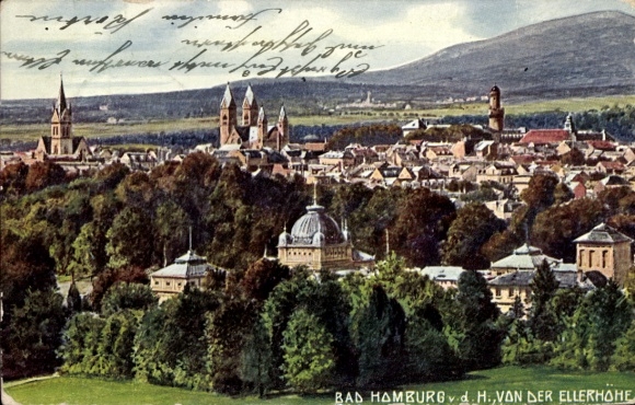 Postcard Bad Homburg vor der Höhe Hesse, city view, churches, trees, hills, van der Ellerhöhe