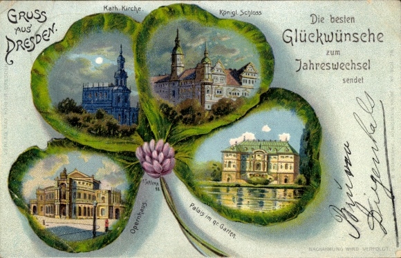 Kleeblatt Litho Dresden Altstadt, Kath. Kirche, Königliches Schloss, Palais im gr. Garten, Opernhaus