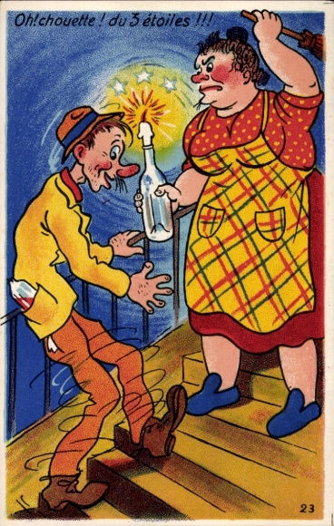 Postcard married couple, married life, drunk man arrived home, angry woman
