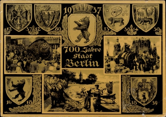 Coat of arms Postcard Berlin, 700th anniversary 1937, Stralauer fish haul, parade