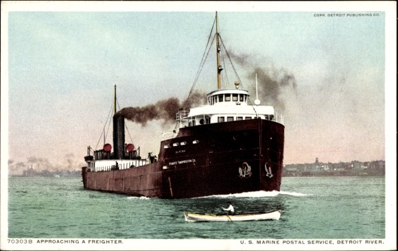 Postcard river steamer, cargo ship, Detroit River, US Marine Postal Service