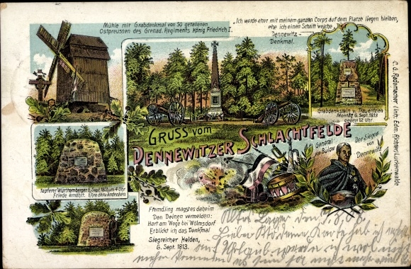 Litho Dennewitz Niedergörsdorf in Brandenburg, Windmühle, General von Bülow, Gren. Regt.