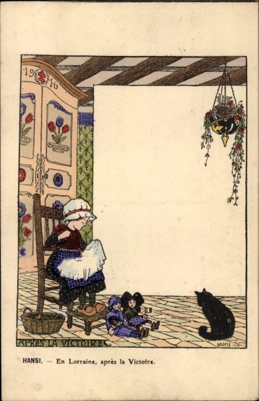 Artist PC Hansi, Jean Jacques Waltz, In Lorraine after the victory, girl in costume, soldier doll