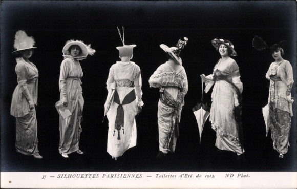 KP paryskie sylwetki, moda letnia 1913, damy w sukienkach, parasole