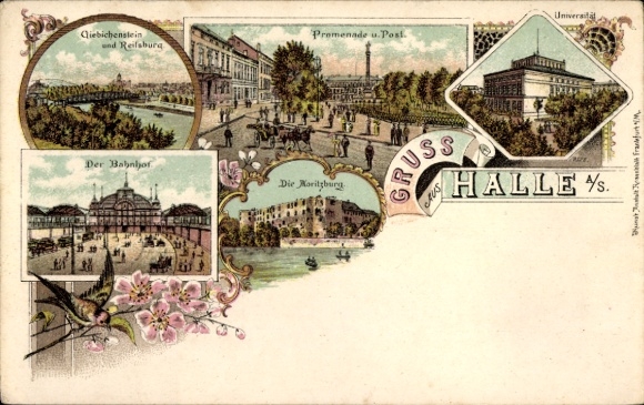 Chromo-Litho Halle an der Saale, promenade, post office, train station, university, Moritzburg