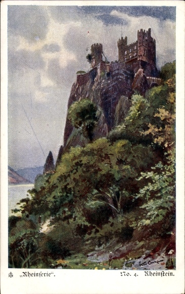 Postcard Trechtingshausen am Rhein, Rheinstein Castle, Rheinstein Castle on a rock, river in the foreground...