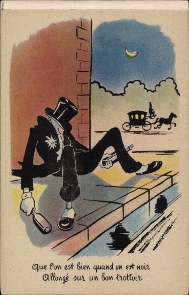 Postcard Drunken man, empty bottles, carriage