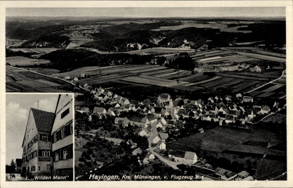 Ak Hayingen auf der Schwäbischen Alb, Fliegeraufnahme, Gasthaus zum Wilden Mann