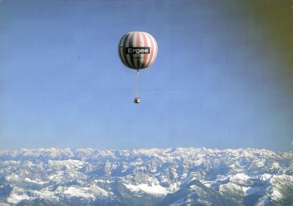 Postcard Sonthofen in Oberallgäu Swabia, hot air balloon over the mountains, balloon post