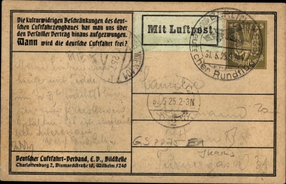 Postal stationery artist PC Sass, When will German aviation be free, German Aviation Association, PP 75 E 1
