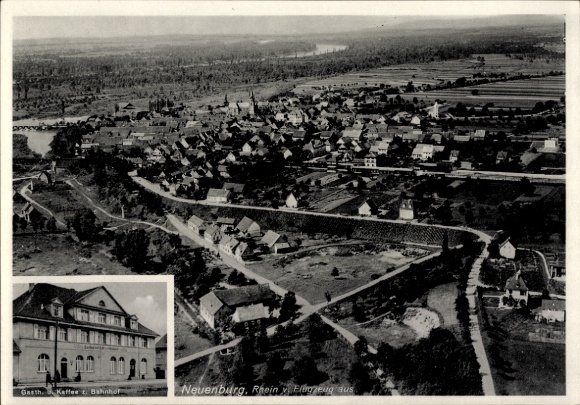 Postcard Neuenburg am Rhein Baden, aerial photograph, restaurant and cafe at the train station