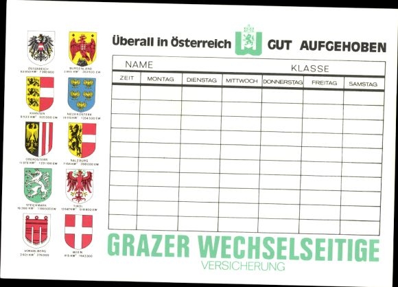Timetable for the Graz mutual insurance company, Austria, state coat of arms around 1970