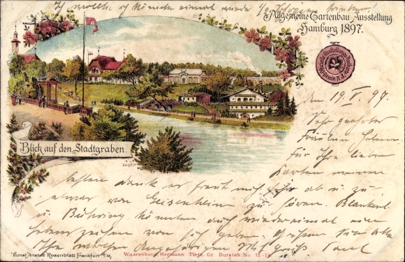 Litho Hamburg, Allgemeine Gartenbau Ausstellung 1897, Blick auf den Stadtgraben