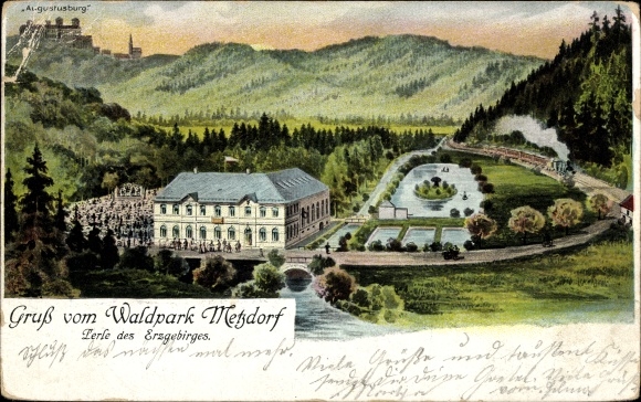 Künstler Ak Metzdorf Leubsdorf in Sachsen, Waldpark, Perle des Erzgebirges, Augustusburg