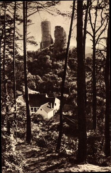 Postcard Kirkel Neuhäusel Saarpfalz, View from the forest to the castle ruins